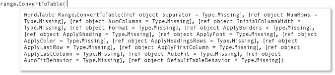 ConvertToTable 方法的参数列表